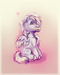 Size: 941x1164 | Tagged: safe, artist:avui, derpy hooves, pegasus, pony, g4, abstract background, cute, derpabetes, floating heart, food, heart, muffin, solo