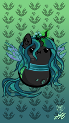Size: 1080x1920 | Tagged: safe, artist:stainedglasslighthea, queen chrysalis, changeling, changeling queen, g4, :i, beady eyes, bean pony, cute, cutealis, female, green background, phone wallpaper, potato pony, simple background, solo, wallpaper