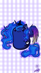 Size: 1080x1920 | Tagged: safe, artist:stainedglasslighthea, princess luna, alicorn, pony, g4, :3, abstract background, beady eyes, bean pony, chibi, colored wings, colored wingtips, constellation, crown, cute, female, jewelry, limbless, lunabetes, mare, phone wallpaper, potato pony, regalia, smiling, solo, spread wings, wallpaper, wings