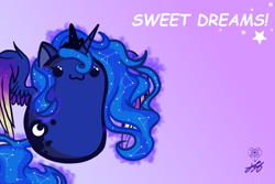 Size: 3000x2000 | Tagged: safe, artist:stainedglasslighthea, princess luna, alicorn, pony, g4, :3, beady eyes, bean pony, chibi, colored wings, colored wingtips, constellation, crown, cute, female, gradient background, high res, jewelry, limbless, lunabetes, mare, potato pony, regalia, smiling, solo, spread wings, wallpaper, wings