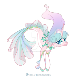 Size: 1280x1280 | Tagged: safe, artist:x-emilytheunicorn-x, oc, oc only, seapony (g4), unicorn, colored pupils, deviantart watermark, dorsal fin, female, fins, fish tail, flowing tail, green eyes, horn, mare, obtrusive watermark, seaponified, simple background, smiling, solo, species swap, tail, transparent background, watermark