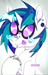 Size: 1169x1825 | Tagged: safe, artist:beetlebonez, derpibooru exclusive, dj pon-3, vinyl scratch, pony, unicorn, g4, bandaid, bandaid on nose, blue mane, bust, covered eyes, ear piercing, glasses, hooves, original art, piercing, portrait, redesign, shiny, solo, white coat