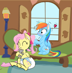 Size: 1567x1588 | Tagged: safe, artist:drasill, fluttershy, rainbow dash, pegasus, pony, g4, adult foal, blushing, bow, diaper, diaper fetish, duo, duo female, eyes closed, female, fetish, floating heart, happy, heart, nervous, non-baby in diaper, plushie, poofy diaper, shaking, white diaper