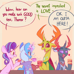 Size: 2000x2000 | Tagged: safe, artist:scribble-potato, pharynx, starlight glimmer, thorax, trixie, changedling, changeling, pony, unicorn, g4, brothers, changedling brothers, cross-popping veins, cup, cute, dialogue, diatrixes, emanata, female, food, glimmerbetes, glowing, glowing horn, group, high res, horn, king thorax, magic, magic aura, male, mare, open mouth, open smile, pharybetes, prince pharynx, siblings, smiling, tea, teacup, teapot, telekinesis, thorabetes