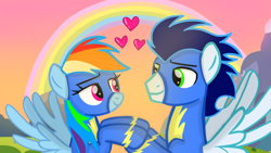 Size: 1280x720 | Tagged: safe, artist:mlplary6, rainbow dash, soarin', pegasus, pony, g4, boyfriend and girlfriend, female, heart, holding hooves, looking at each other, looking at someone, male, mare, rainbow, romance, romantic, ship:soarindash, shipping, smiling, smiling at each other, stallion, straight, sunset