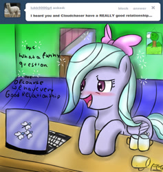 Size: 900x950 | Tagged: safe, artist:ask-flitter, artist:freefraq, flitter, pegasus, pony, g4, ask, ask-flitter, blushing, cider, computer, drunk, female, laptop computer, solo, tumblr