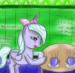 Size: 750x730 | Tagged: safe, artist:freefraq, flitter, pony, g4, ask-flitter, coffee, female, hangover, offscreen character, solo