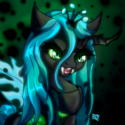 Size: 3000x3000 | Tagged: safe, artist:umbrapone, queen chrysalis, changeling, changeling queen, canterlot wedding 10th anniversary, g4, abstract background, big horn, chitin, crown, fangs, female, glowing, glowing eyes, green eyes, high res, horn, jewelry, kitchen eyes, long mane, magic, regalia, shiny mane, smiling, solo, torn wings, wings
