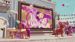 Size: 720x404 | Tagged: safe, pipp petals, sprout cloverleaf, sunny starscout, alicorn, earth pony, pegasus, pony, g5, my little pony: a maretime bay adventure, animated, artificial horn, artificial wings, augmented, balloon, billboard, female, fixing, game screencap, gameplay, glowing, glowing hooves, horn, magic, magic horn, magic wings, male, mare, maretime bay, mundane utility, paint can, party balloon, race swap, spread wings, stallion, sunnycorn, uni-cycling, vandalism, wings, youtube link