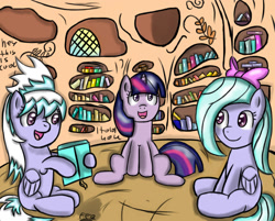 Size: 1120x900 | Tagged: safe, artist:freefraq, cloudchaser, flitter, twilight sparkle, pegasus, pony, unicorn, g4, ask-flitter, book, female, golden oaks library, trio, unicorn twilight