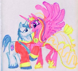 Size: 2247x2047 | Tagged: safe, artist:ja0822ck, princess cadance, shining armor, alicorn, pony, unicorn, canterlot wedding 10th anniversary, g4, duo, height difference, high res, size difference, traditional art