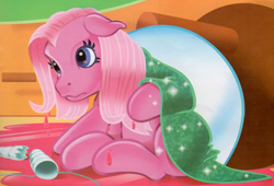 Size: 3500x2383 | Tagged: safe, artist:carlo loraso, pinkie pie (g3), earth pony, pony, g3, blanket, book:pony party, broken horn, clothes, costume, female, high res, horn, mare, sad, scan, solo, unicorn horn, wet, wet mane