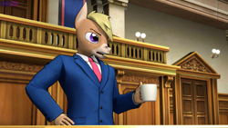 Size: 3840x2160 | Tagged: safe, artist:antonsfms, oc, oc only, oc:nickyequeen, donkey, anthro, 3d, ace attorney, alternate universe, anthro oc, attorney, badge, banner, clothes, commission, commissioner:nickyequeen, court, courtroom, crossover, cup, desk, donkey oc, drinking, formal attire, formal wear, high res, image set, male, necktie, nickywright, open mouth, phoenix wright, solo, source filmmaker, suit