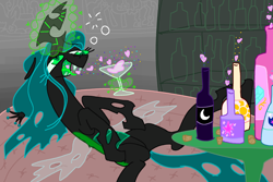 Size: 3000x2000 | Tagged: safe, artist:ja0822ck, princess cadance, princess celestia, queen chrysalis, changeling, changeling queen, canterlot wedding 10th anniversary, g4, alcohol, bottle, cocktail, cocktail glass, cork, crown, drink, drunk, faic, female, heart, high res, implied princess cadance, implied princess celestia, implied princess luna, implied shining armor, implied twilight sparkle, jewelry, lying down, magic, on back, open mouth, open smile, regalia, smiling, solo, telekinesis