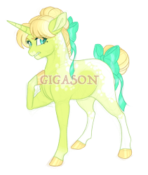 Size: 2360x2800 | Tagged: safe, artist:gigason, oc, oc:sour note, pony, unicorn, bow, female, hair bow, high res, mare, obtrusive watermark, offspring, parent:dear darling, parent:feather bangs, parents:featherdarling, simple background, solo, tail, tail bow, transparent background, watermark