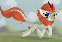 Size: 1280x861 | Tagged: safe, artist:windykirin, autumn blaze, kirin, g4, female, grin, long eyelashes, looking at you, smiling, solo