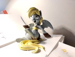 Size: 2048x1536 | Tagged: safe, artist:simplesaemple, artist:v747, derpy hooves, pegasus, pony, g4, 3d print, clothes, gloves, painted 3d print, spread wings, traditional art, wings, wip