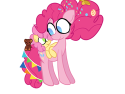 Size: 2000x1500 | Tagged: safe, artist:alandisc, li'l cheese, pinkie pie, earth pony, pony, g4, the last problem, colt, cute, duo, eyelashes, female, foal, looking at each other, looking at someone, male, mare, mother and child, mother and son, no pupils, offspring, older, older pinkie pie, plushie, rubber duck, simple background, teddy bear, white background