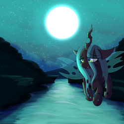 Size: 1280x1280 | Tagged: safe, artist:windykirin, queen chrysalis, changeling, changeling queen, g4, cute, cutealis, female, flying, full moon, lidded eyes, moon, moonlight, night, outdoors, sad, solo, spread wings, turned head, wings