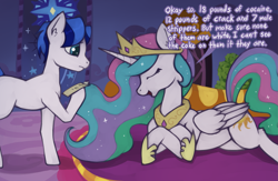 Size: 2185x1421 | Tagged: safe, artist:marsminer, princess celestia, alicorn, earth pony, pony, g4, clipboard, dialogue, duo, eyes closed, female, implied stripping, jewelry, male, mare, master chief and luna hanging out, meme, regalia, stallion, wings