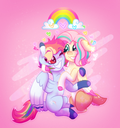Size: 668x711 | Tagged: safe, artist:thatonefluffs, fluttershy, rainbow dash, deer, deer pony, original species, pegasus, pony, g4, blushing, chest fluff, colored hooves, cute, dashabetes, draw this in your style, female, floppy ears, freckles, heart, height difference, holding a pony, hug, lesbian, looking at each other, looking at someone, mare, redesign, ship:flutterdash, shipping, shyabetes, sitting, smiling, wings