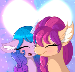 Size: 892x850 | Tagged: safe, artist:windykirin, izzy moonbow, sunny starscout, earth pony, pony, unicorn, g5, cute, duo, duo female, ear fluff, eyes closed, female, heart, izzybetes, lesbian, mare, open mouth, ship:moonscout, shipping, sunnybetes
