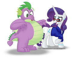Size: 1280x1015 | Tagged: safe, artist:aleximusprime, rarity, spike, dragon, pony, unicorn, flurry heart's story, g4, belly, bhm, big belly, cute, fat, fat spike, female, glasses, hungry, male, mare, ship:sparity, shipping, simple background, stomach growl, stomach noise, straight, transparent background
