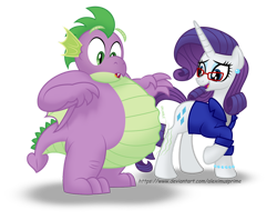 Size: 1280x1015 | Tagged: safe, artist:aleximusprime, rarity, spike, dragon, pony, unicorn, flurry heart's story, g4, belly, bhm, big belly, cute, fat, fat spike, female, glasses, hungry, larger male, male, mare, physique difference, ship:sparity, shipping, simple background, smaller female, stomach growl, stomach noise, straight, transparent background