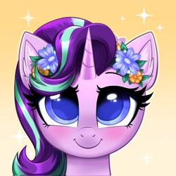 Size: 2048x2048 | Tagged: safe, artist:confetticakez, starlight glimmer, pony, unicorn, adorable face, big eyes, blushing, bust, colored pupils, cute, ear fluff, female, floral head wreath, flower, flower in hair, glimmerbetes, gradient background, happy, high res, looking at you, mare, smiling, smiling at you, solo, stars, weapons-grade cute