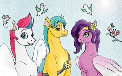 Size: 1024x644 | Tagged: safe, artist:tielgar, hitch trailblazer, pipp petals, zipp storm, bird, crab, earth pony, mouse, pegasus, pony, seagull, g5, critter magnet, critters, female, grin, looking at you, male, mare, pegamouse, smiling, stallion, teeth