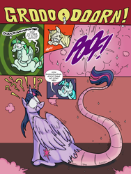 Size: 774x1032 | Tagged: safe, artist:princebluemoon3, artist:ultimatum323, twilight sparkle, alicorn, draconequus, pony, comic:the twiligh muffin, g4, comic, dialogue, draconequified, exclamation point, interrobang, pony to draconequus, poof, question mark, species swap, speech bubble, stomach noise, transformation, twikonequus, twilight sparkle (alicorn)