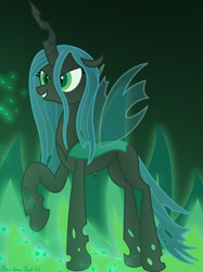 Size: 3016x4032 | Tagged: safe, artist:rainbowšpekgs, queen chrysalis, changeling, changeling queen, canterlot wedding 10th anniversary, g4, adorabolical, adoraevil, antagonist, cute, cutealis, evil, evil smile, female, fire, green eyes, green fire, grin, high res, insect wings, pose, raised hoof, signature, smiling, solo, spread wings, standing, transparent wings, wings