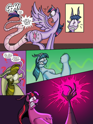 Size: 774x1032 | Tagged: safe, artist:princebluemoon3, artist:ultimatum323, twilight sparkle, alicorn, draconequus, pony, comic:the twiligh muffin, g4, comic, dialogue, draconequified, fear, gritted teeth, horn loss, horns, magic, pony to draconequus, screaming, species swap, speech bubble, teeth, transformation, twikonequus, twilight sparkle (alicorn)