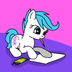 Size: 768x768 | Tagged: safe, artist:danielthebrony57, baby sleepy pie, earth pony, pony, g1, g4, baby, baby pony, crayola, crayon, cute, drawing, female, filly, foal, g1 to g4, generation leap, living room, lying down, mouth hold, paper, prone, sleepydorable, solo