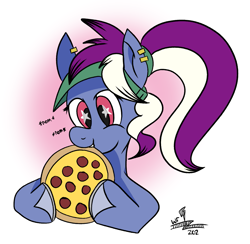 Size: 1167x1137 | Tagged: safe, artist:whirlwindflux, oc, oc only, oc:single slice, earth pony, pony, female, food, mare, meat, pepperoni, pepperoni pizza, pink eyes, pizza, simple background, solo, white background