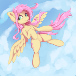 Size: 2000x2000 | Tagged: safe, artist:mochalula, fluttershy, pegasus, pony, :p, aside glance, chest fluff, cloud, cute, ear fluff, elbow fluff, female, flying, high res, hoof fluff, looking at you, mare, shyabetes, sky background, smiling, solo, spread wings, tail, tongue out, windswept mane, windswept tail, wings