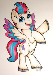 Size: 1061x1500 | Tagged: safe, artist:fishiewishes, zipp storm, pegasus, pony, g5, bipedal, female, mare, marker drawing, open mouth, open smile, photo, simple background, smiling, solo, spread wings, traditional art, white background, wings