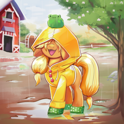 Size: 4000x4000 | Tagged: safe, artist:confetticakez, applejack, earth pony, frog, pony, barn, blank flank, boots, bottomless, clothes, cottagecore, cute, female, filly, filly applejack, foal, hair over eyes, jackabetes, mare, missing cutie mark, on head, open mouth, partial nudity, puddle, rain, raincoat, shoes, silly, silly pony, solo, tree, wellington boots, wet, wet mane, who's a silly pony, younger