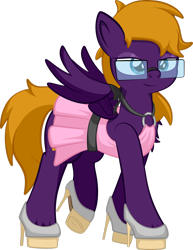 Size: 1920x2489 | Tagged: safe, artist:alexdti, oc, oc only, oc:purple creativity, pegasus, pony, clothes, dress, eyeshadow, female, full body, glasses, high heels, high res, hoof shoes, hooves, lidded eyes, makeup, mare, partially open wings, pegasus oc, raised leg, shoes, simple background, smiling, solo, tail, transparent background, wings