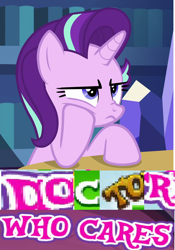 Size: 892x1274 | Tagged: safe, editor:horsesplease, starlight glimmer, g4, caption, doctor who, expand dong, exploitable meme, image macro, meme, starlight gallifrey, time travel glimmer, unimpressed, upset, who cares