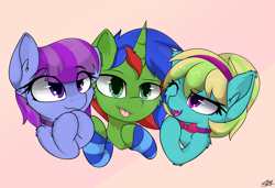 Size: 3500x2400 | Tagged: safe, artist:starmaster, oc, oc only, oc:christian clefnote, oc:eminence bloom, oc:lutecia, bat pony, pegasus, pony, unicorn, :p, commission, female, high res, horn, looking at you, open mouth, smiling, tongue out, trio