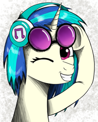 Size: 1524x1884 | Tagged: safe, artist:enteryourponyname, dj pon-3, vinyl scratch, pony, unicorn, g4, glasses, headphones, looking at you, one eye closed, simple background, smiling, smiling at you, solo, wink