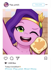 Size: 2200x3132 | Tagged: safe, artist:maren, pipp petals, pegasus, pony, g5, my little pony: tell your tale, nightmare roommate, spoiler:g5, spoiler:my little pony: tell your tale, spoiler:tyts01e04, adorapipp, bread, cute, female, food, high res, instagram, mare, one eye closed, open mouth, peanut butter, scene interpretation, solo, toast, wink