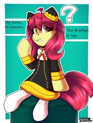 Size: 1500x2000 | Tagged: safe, artist:shadowreindeer, apple bloom, earth pony, pony, g4, anime, anya forger, clothes, cosplay, costume, crossover, implied applejack, implied big macintosh, question mark, solo, spy x family