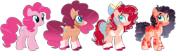 Size: 1446x423 | Tagged: safe, artist:edgeyboiss, artist:selenaede, pinkie pie, earth pony, pony, g4, alternate hairstyle, art evolution, base used, bow, comparison, female, hair bow, mare, markings, redesign, simple background, solo, transparent background, unshorn fetlocks