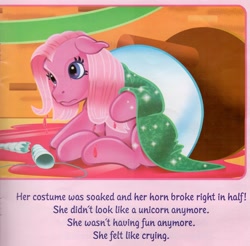 Size: 3276x3224 | Tagged: safe, artist:carlo loraso, pinkie pie (g3), g3, official, book, book:pony party, broken, clothes, context is for the weak, cosplay, costume, fake horn, heart, heart eyes, high res, horn, out of context, pony party, punch, sad, table, wet, wet mane, wingding eyes