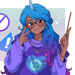 Size: 1024x1024 | Tagged: safe, artist:dcon, color edit, edit, editor:diameltzowo, izzy moonbow, human, g5, my little pony: a new generation, bracelet, clothes, colored, cute, dark skin, female, freckles, friendship bracelet, glasses, horn, horned humanization, human coloration, humanized, izzybetes, jewelry, nails, skin color edit, solo, sweater, wand