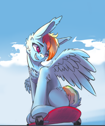 Size: 1476x1764 | Tagged: safe, artist:i love hurt, rainbow dash, pegasus, pony, g4, big ears, cheek fluff, chest fluff, cloud, ear fluff, female, grin, mare, sitting, skateboard, sky, smiling, solo, spread wings, sternocleidomastoid, wing fluff, wings