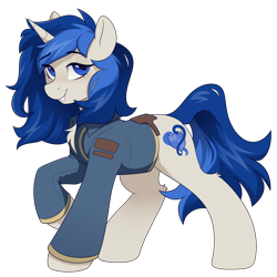 Size: 2000x2000 | Tagged: safe, artist:crimmharmony, oc, oc only, oc:eden, oc:eden (across the divide), pony, unicorn, fallout equestria, chest fluff, clothes, commission, fallout equestria: across the divide, female, high res, jumpsuit, mare, raised hoof, simple background, solo, transparent background, vault suit