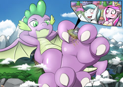 Size: 1280x905 | Tagged: safe, artist:rai-kun, editor:starponys87, princess cadance, spike, alicorn, dragon, pony, g4, between toes, city, cool, crowd, crystal empire, feet, foot focus, gentle, giant dragon, growth, macro, male, male feet, mega, mountain, paws, perspective, playful, princess, relaxing, resting, size difference, smiling, toes, wings